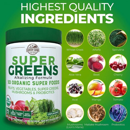 Hỗn hợp 50 siêu thực phẩm hữu cơ Country Farms Super Greens vị unflavored 3