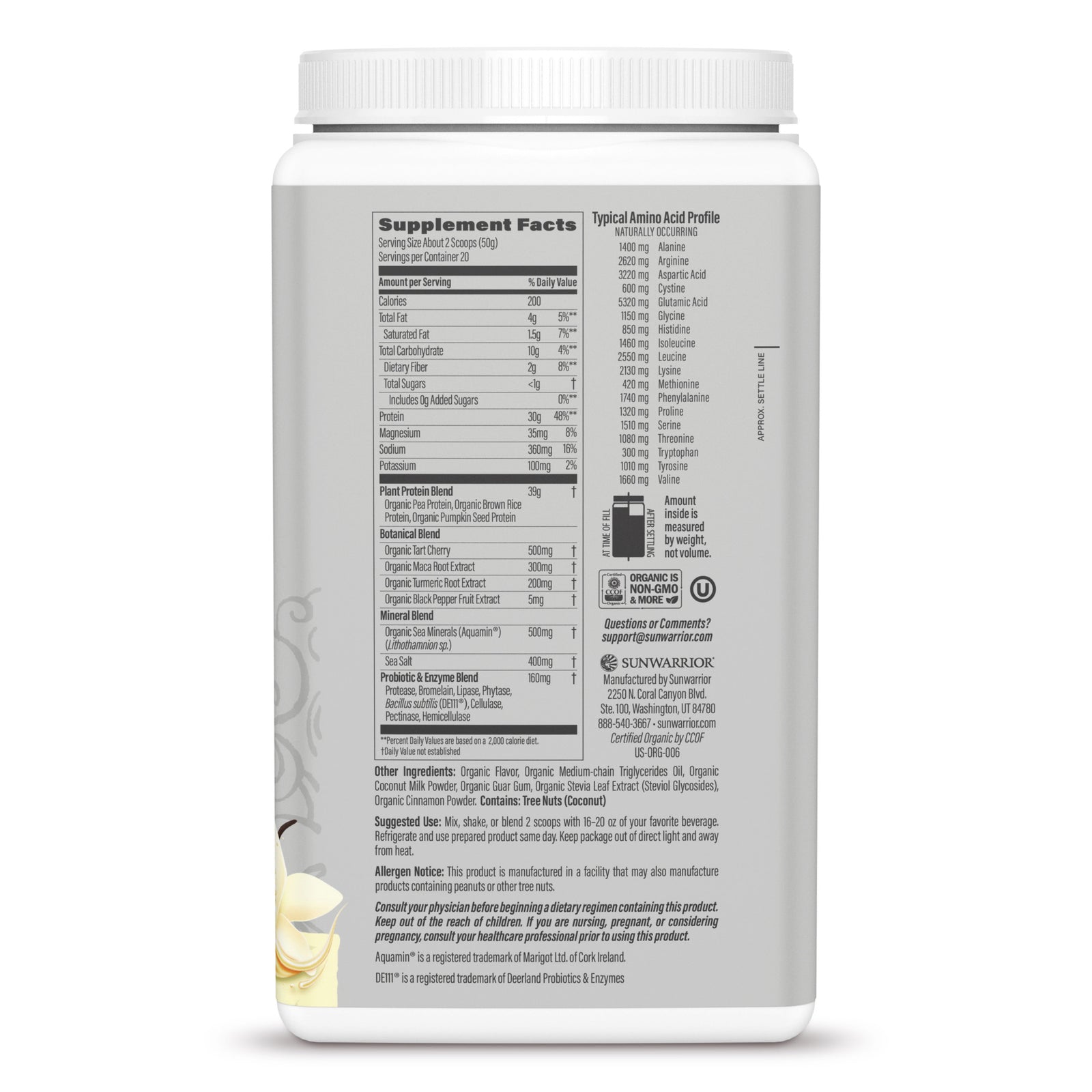 Thành phần & bảng thông tin dinh dưỡng Sunwarrior Active Protein vị Vani