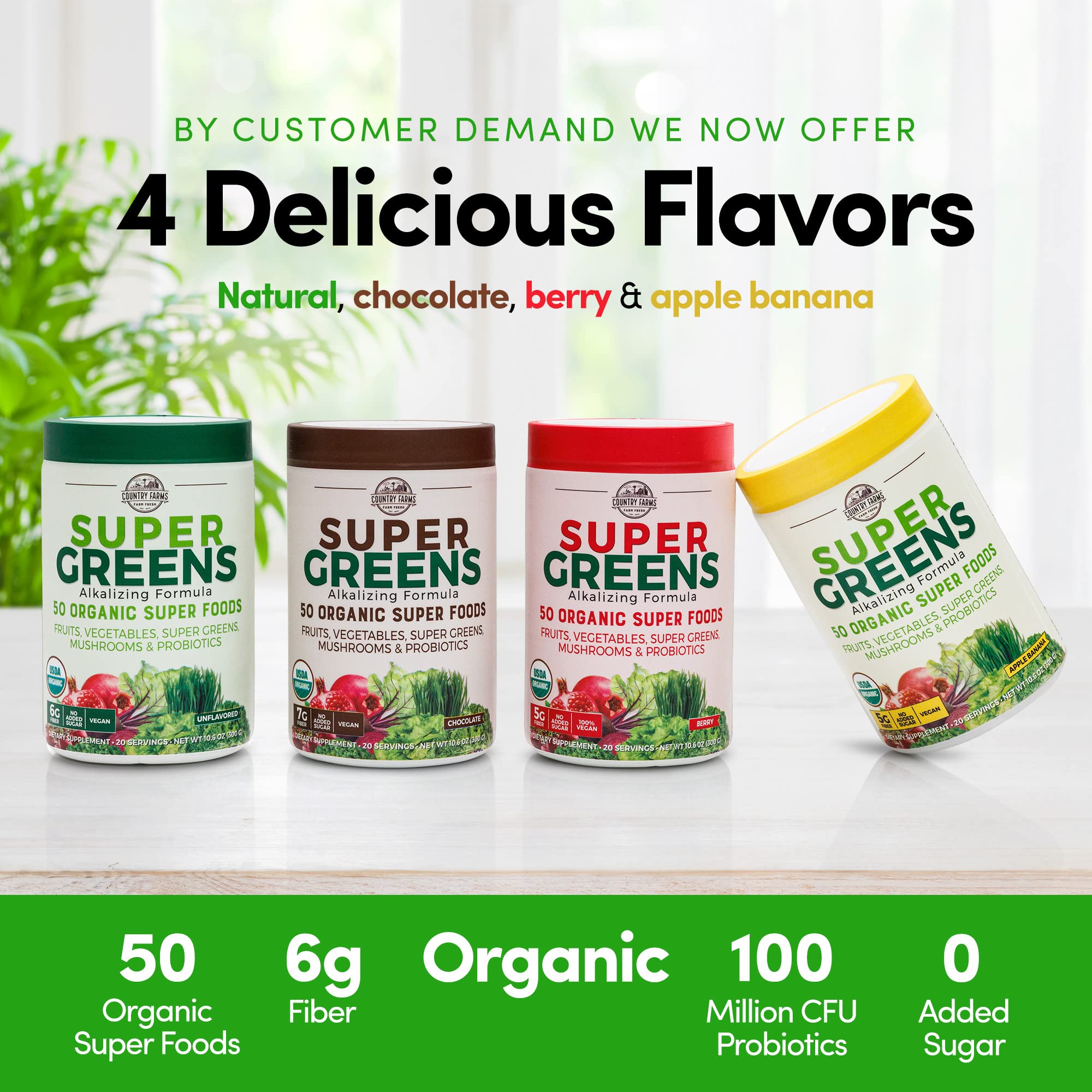 Hỗn hợp 50 siêu thực phẩm hữu cơ Country Farms Super Greens vị táo chuối
